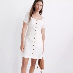 Madewell Linen and Cotton Puff-Sleeve Button Front Mini Dress With Pockets